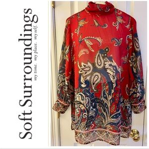 Soft Surroundings Tunic Top women’s sz M, Red/Blue/Taupe Paisley Sheer, GUC